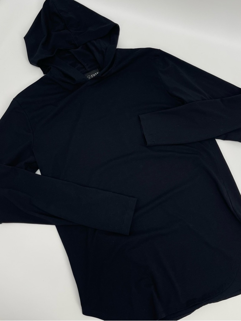 Cuts Elongated Hooded Black Long Sleeve Shirt Athleisure Elevated Basics Casual